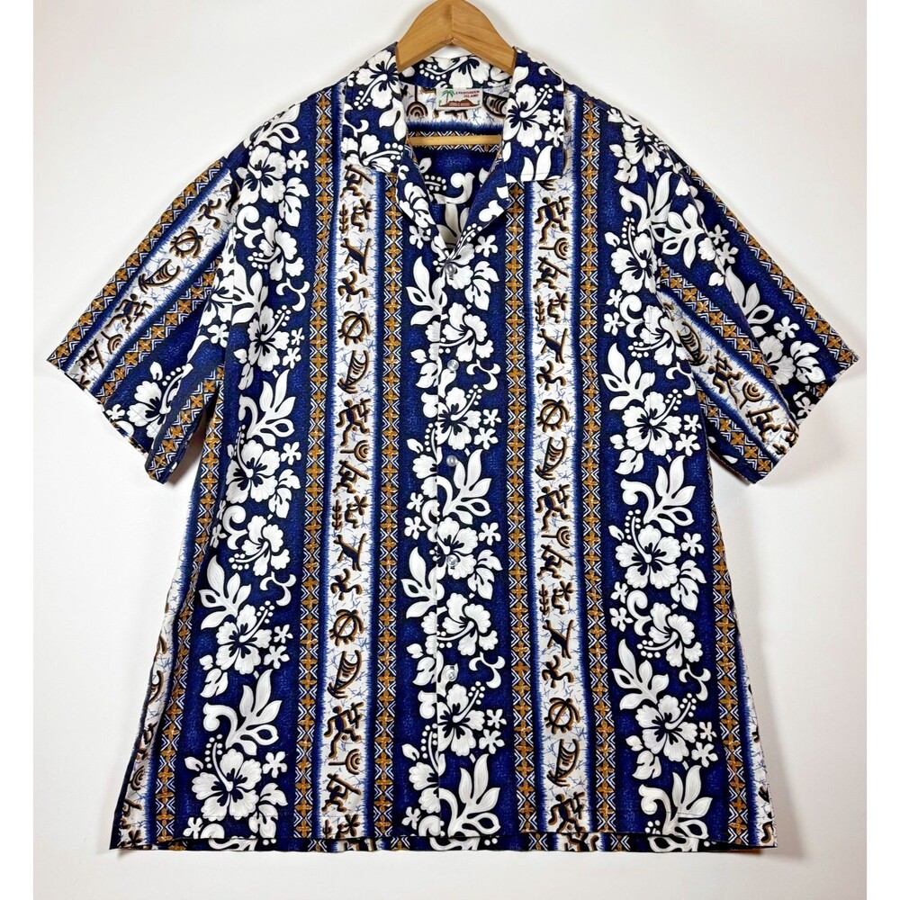 Evergreen‎ Island Shirt Mens 2XL Blue White Floral Hawaiian Aloha Made Hawaii